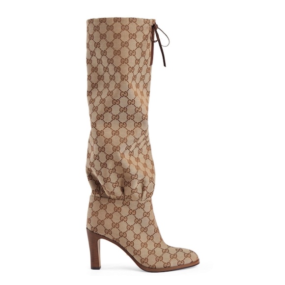 NIB Gucci Lisa 85 GG Monogram Supreme Canvas Knee High Drawstring Boots - Picture 2 of 8